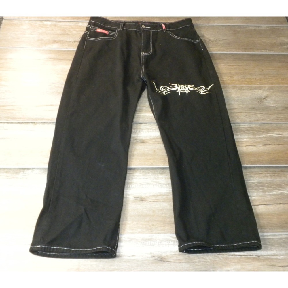 JNCO Jeans Mens XXL 34x28 Black Denim Snakebite Tribal Skull 90s Y2K Rave Skater